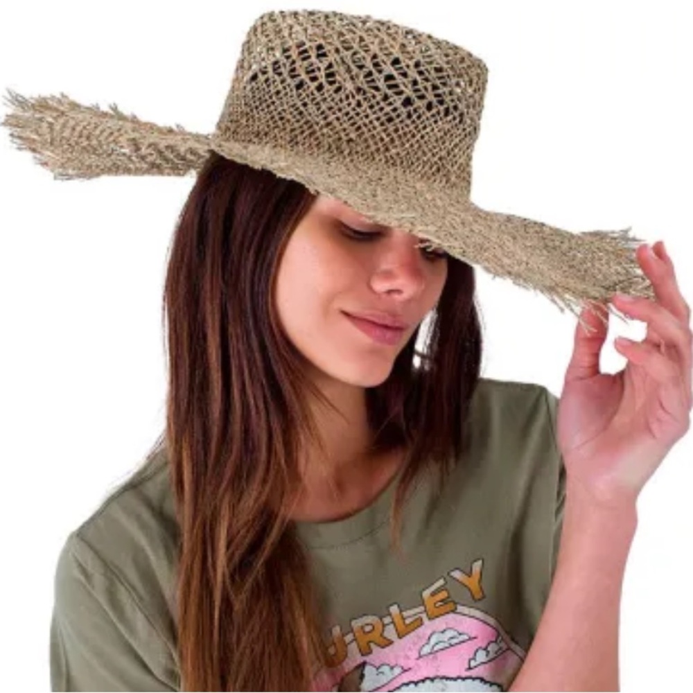 HURLEY Tan Wide-Brimmed Sun Lisbon Straw Hat with Natural Weave NWT - Picture 2 of 16